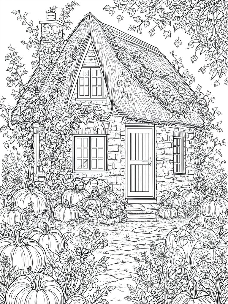 Line drawing of a thatched stone cottage with vines, pumpkins, and flowers.