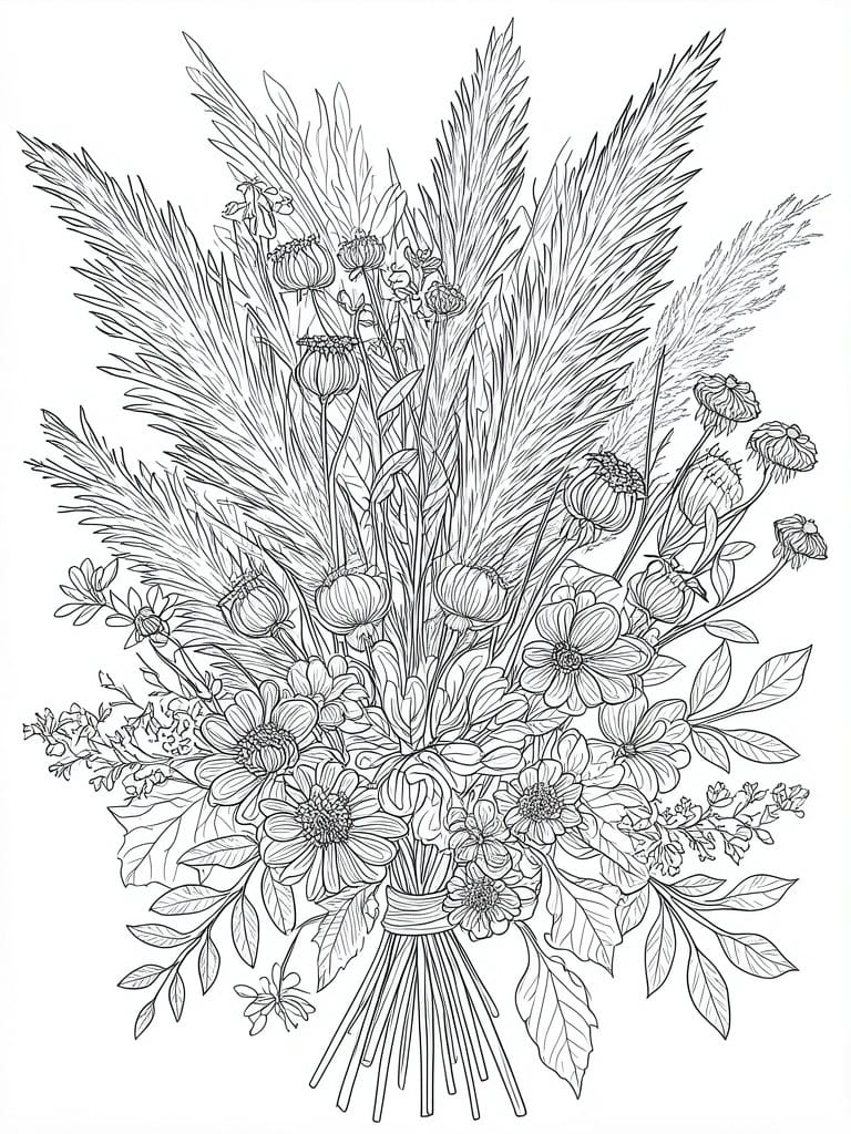 Black and white line drawing of a tied bouquet with flowers, leaves, and grasses.