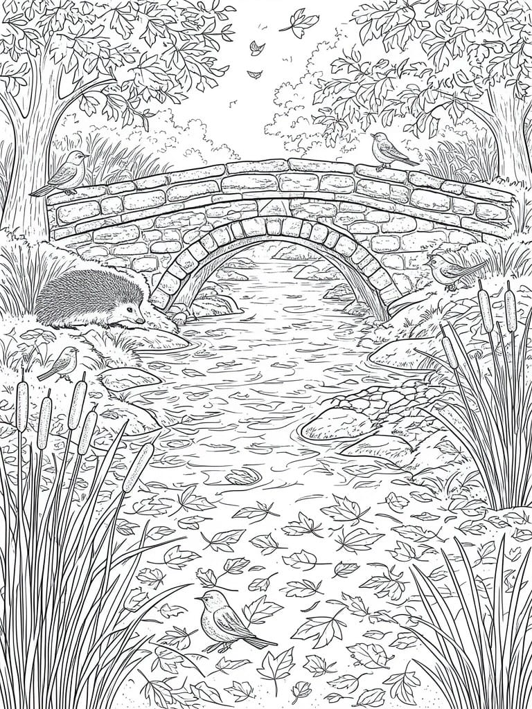 Line art of stone bridge over creek in forest with birds, hedgehog, and falling leaves.