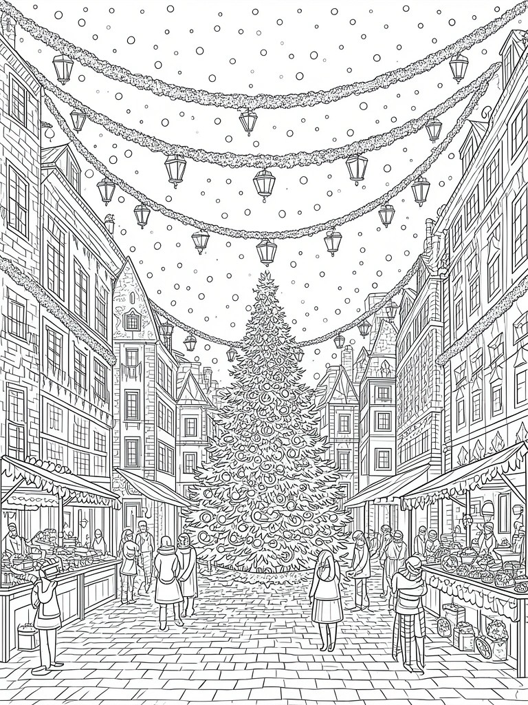 Black-and-white line art of Christmas market with central tree, stalls, and crowds.