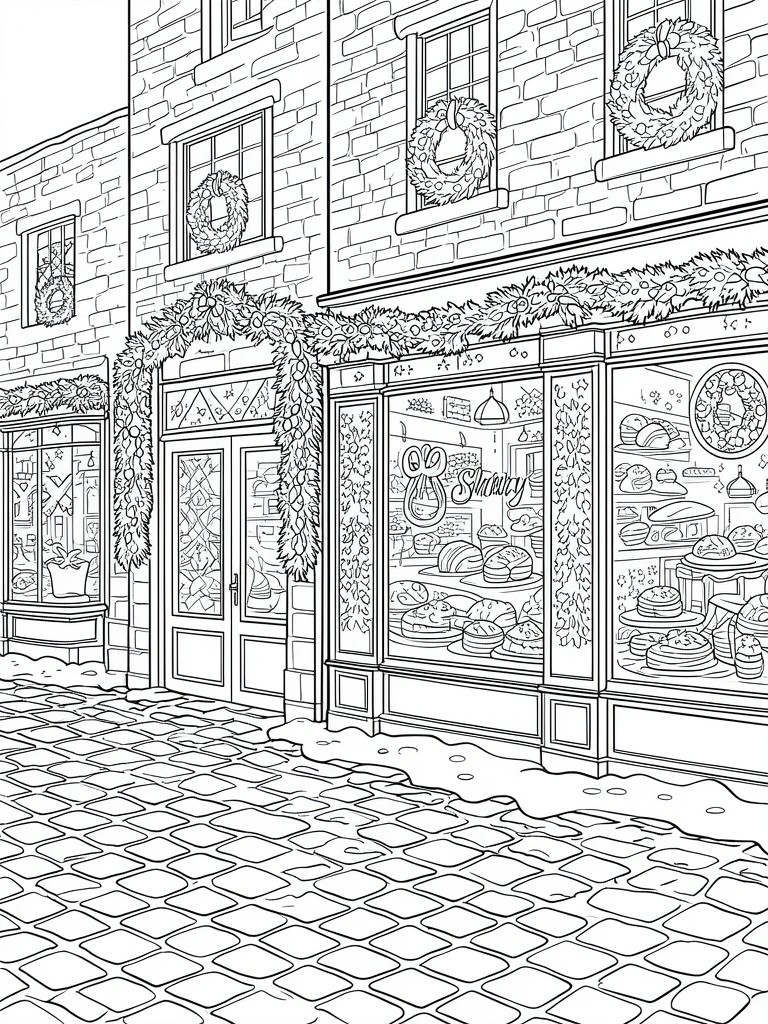 Line drawing of Christmas wreaths and garlands on shop windows along a cobblestone street.