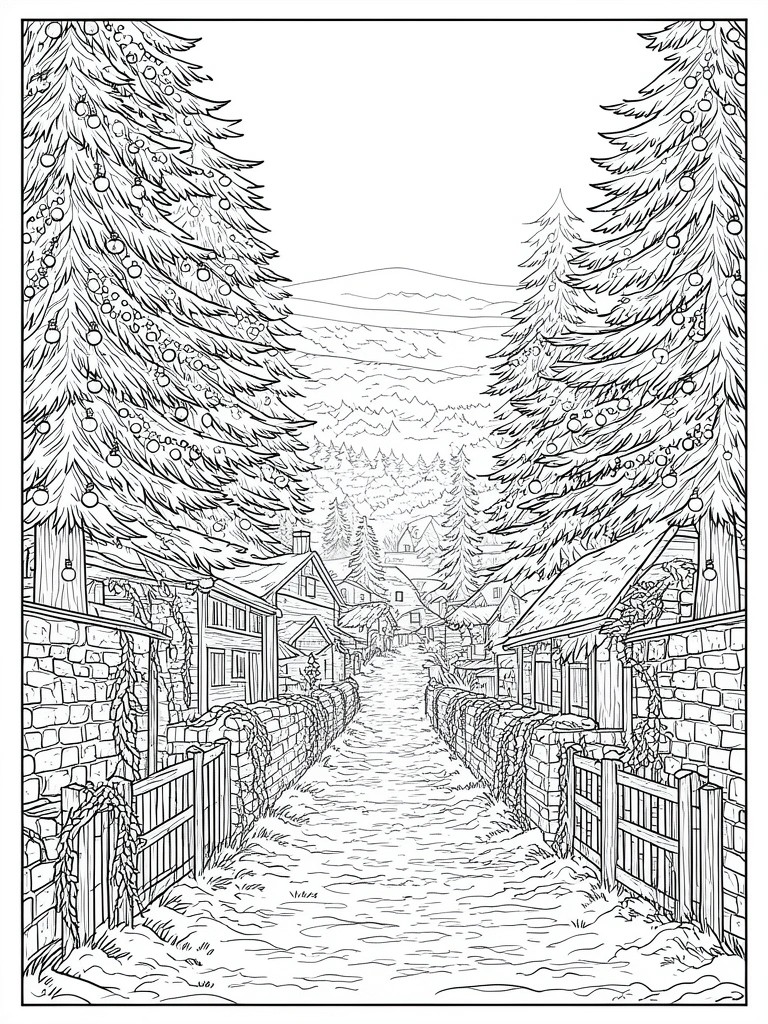 A black and white line drawing of a snowy village path lined with decorated pine trees and stone houses.