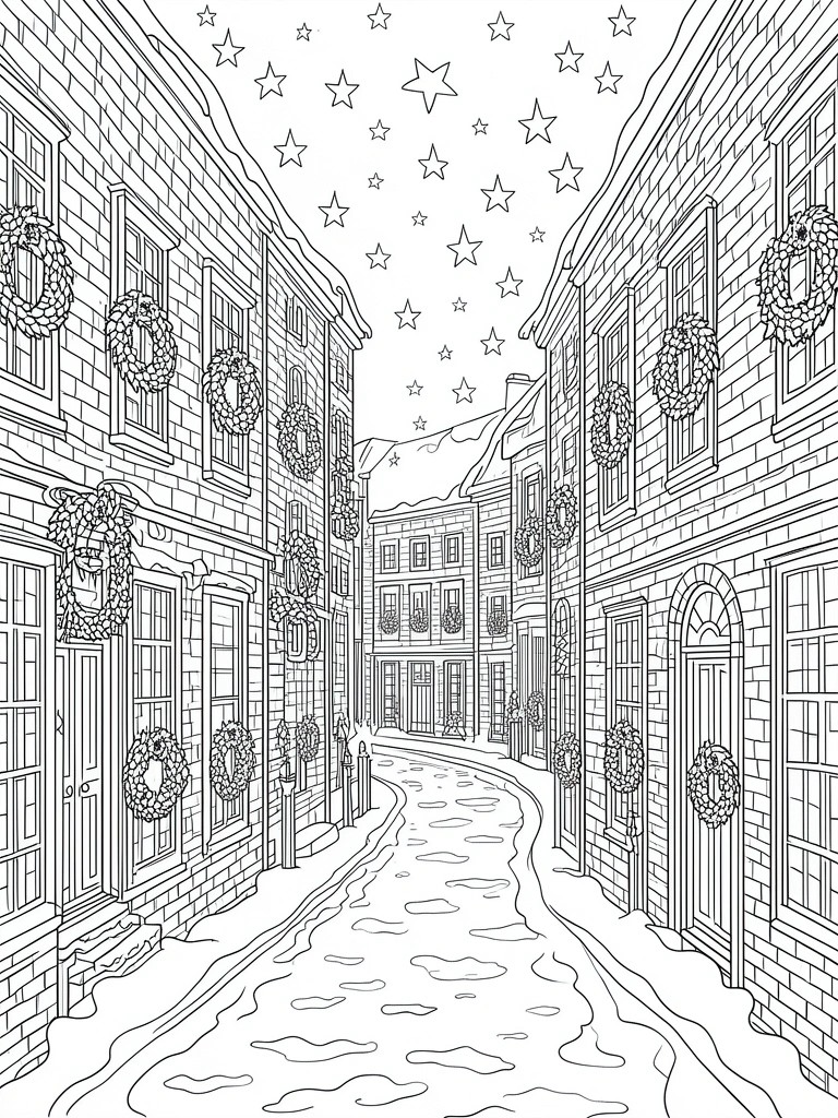 Snowy Christmas street with wreath-adorned brick buildings under a starry sky