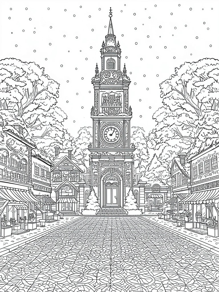 A black and white coloring page of a clock tower in the center of a village square with shops and trees on both sides and a patterned street in the foreground.