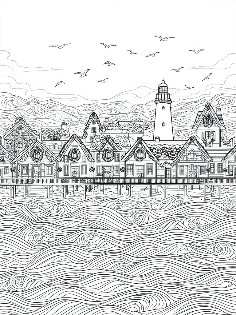A black and white line drawing of a Christmas village on a pier with a lighthouse, decorated houses, waves, and flying birds.