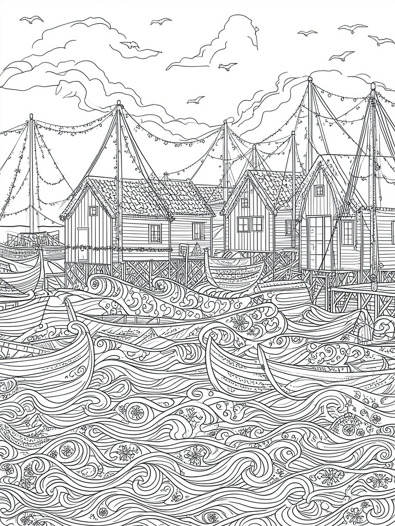 Black and white line art of stilt houses, boats on patterned waves, birds overhead.