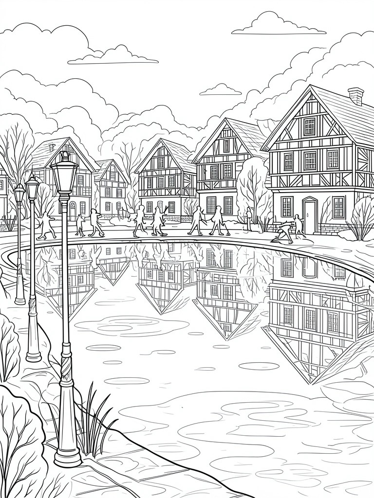 Black and white line art of half-timbered houses by a reflective river with pedestrians.