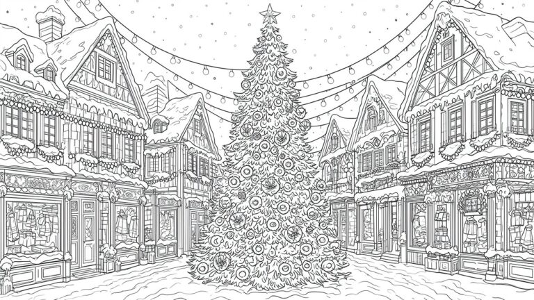 24 Beautiful Christmas Village and Scenery Coloring Pages for Adults A coloring page shows a large Christmas tree in a snowy village street lined with buildings and presents at the base.