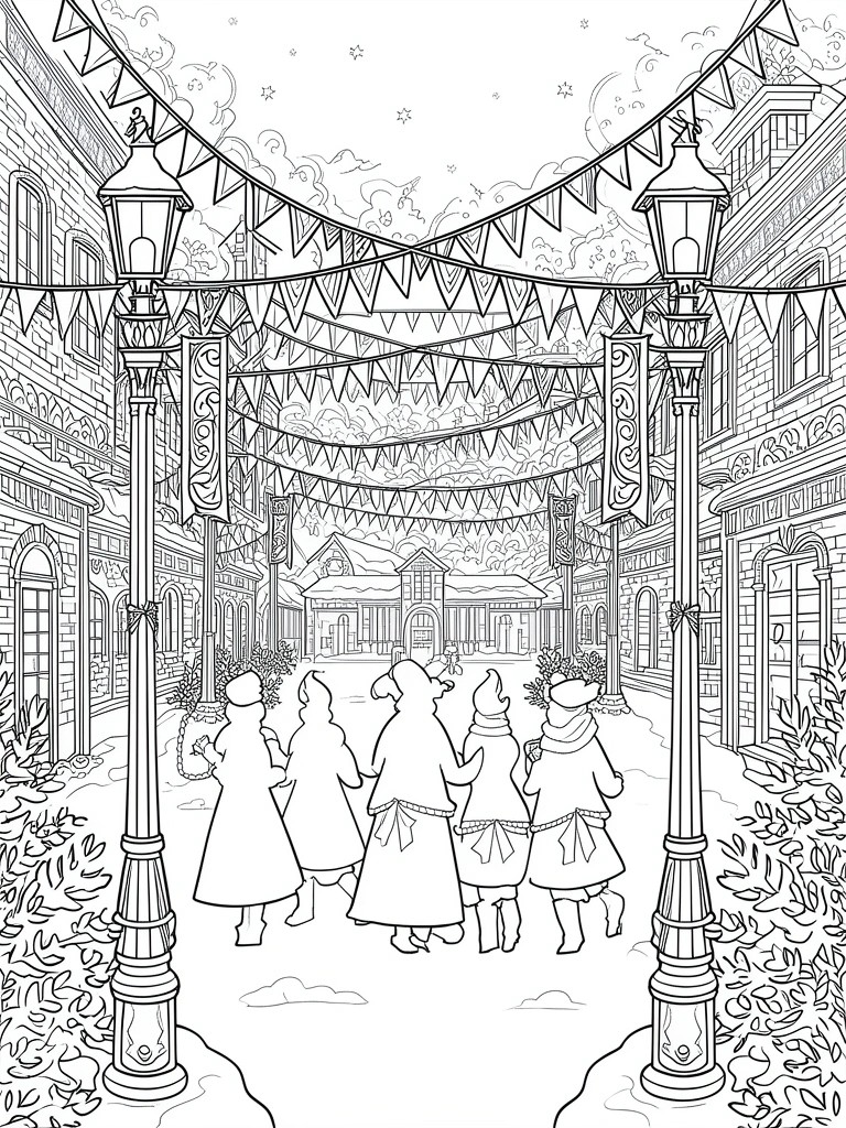 Black-and-white line art of cloaked figures walking under festive banners between lampposts
