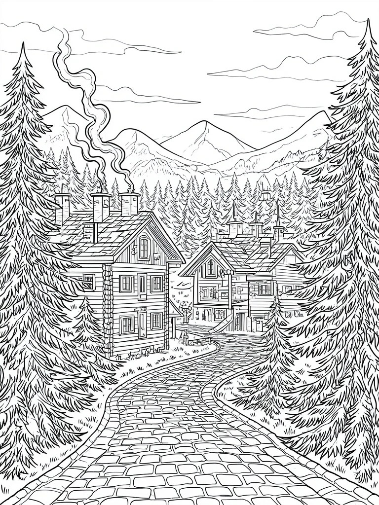 Black-and-white line drawing of log cabins along a cobblestone path in mountains