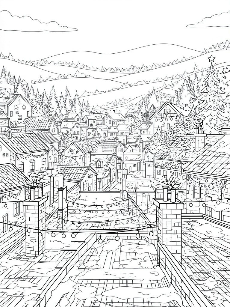 Coloring page of snowy village rooftops with string lights, chimneys, and a decorated Christmas tree.