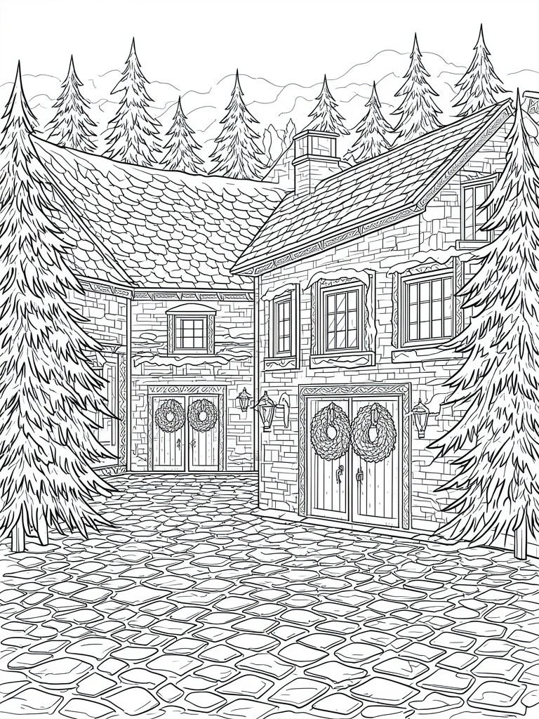 Black-and-white line art of stone lodge with wreaths on doors amid pine trees and cobblestones