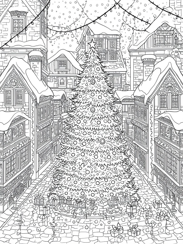A coloring page shows a large Christmas tree in a snowy village street lined with buildings and presents at the base.
