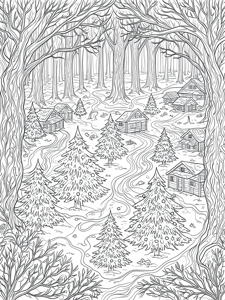Black-and-white line art of snowy forest with log cabins and winding path.