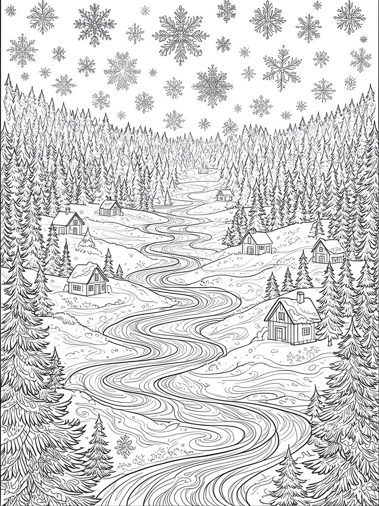 Line art of winding river through snowy forest with cabins and falling snowflakes