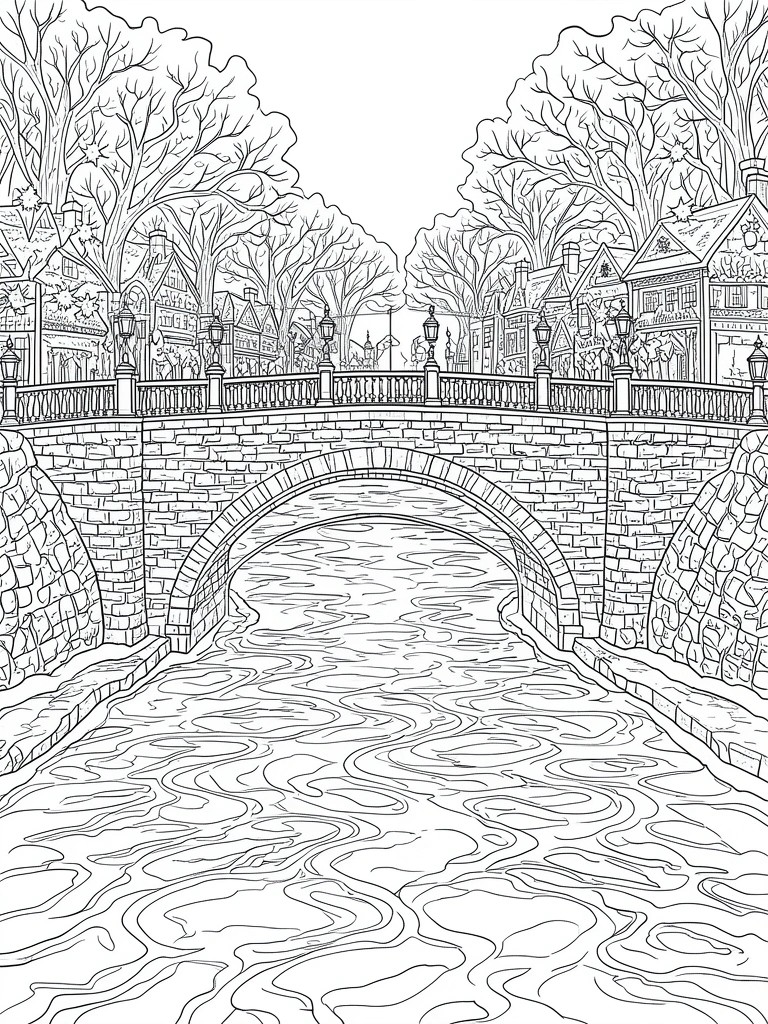 Black and white line drawing of a stone arch bridge over a river with houses and trees on both sides.