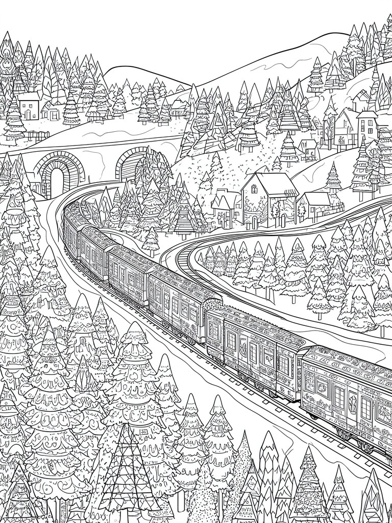 Black-and-white line drawing of train curving through snowy pine forests and mountains.