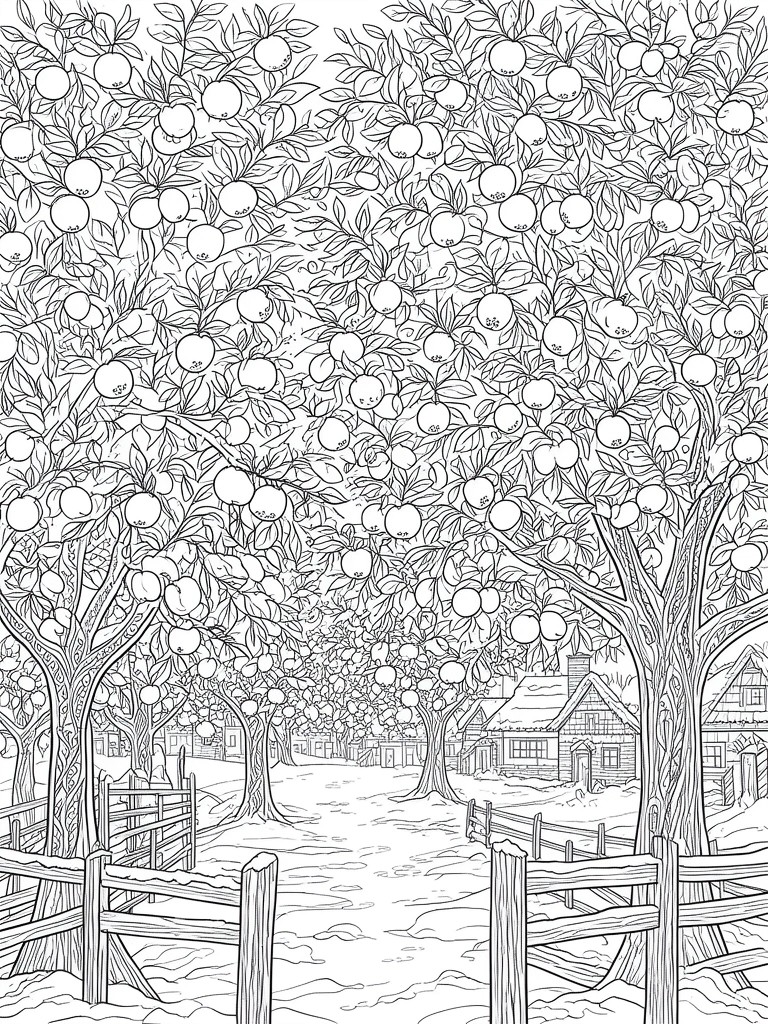 Black and white line drawing of a path through apple trees with many fruits leading to snow-covered thatched cottages.
