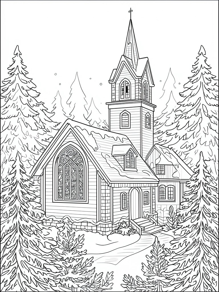 Line drawing of snow-covered church with steeple amid pine trees in winter forest