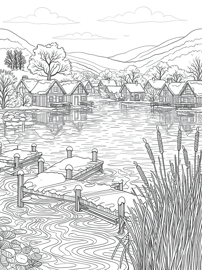 Line art of snow-covered lakeside village with houses, docks, reeds, and mountains.
