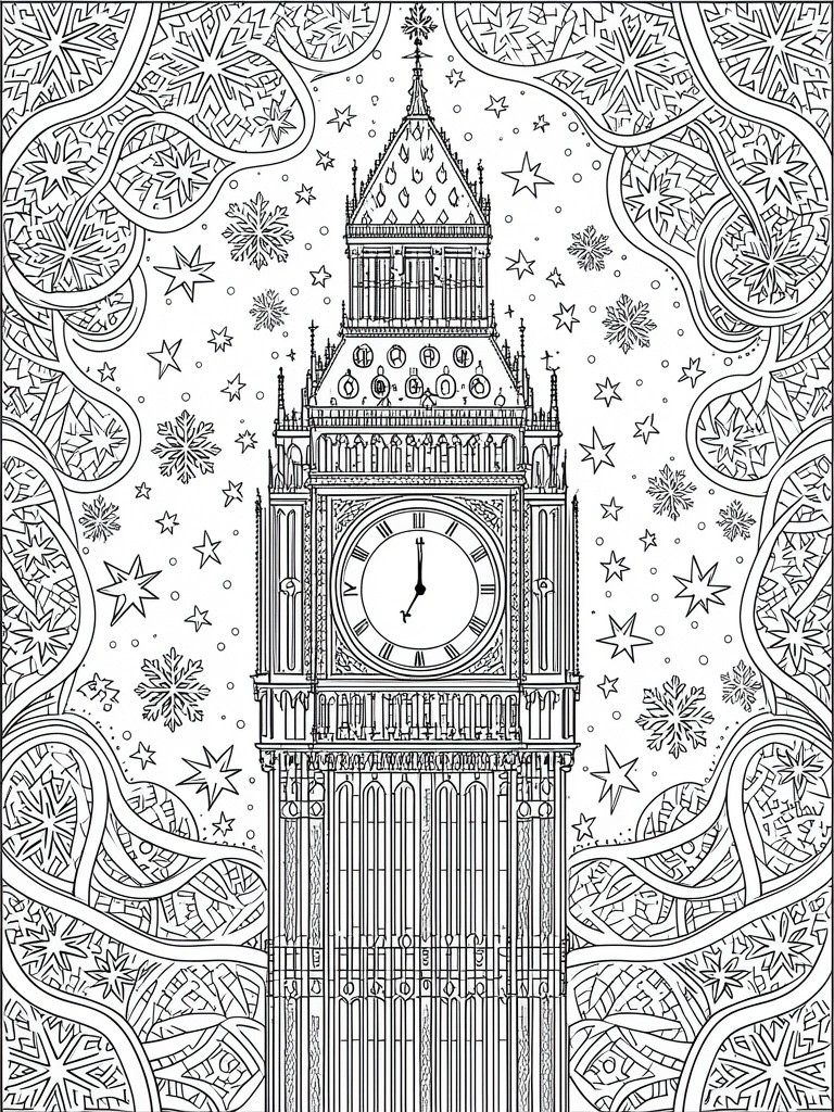 A black and white line drawing of Big Ben clock tower with snowflakes, stars, and swirling patterns around it.