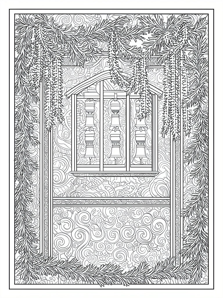 A black and white coloring page shows a window with three bells inside, surrounded by pine branch garlands and intricate swirl patterns.