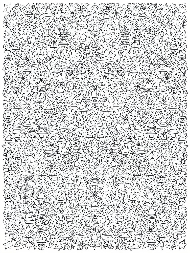 Coloring page densely filled with Christmas trees, bells, stars, and poinsettias in black outlines.