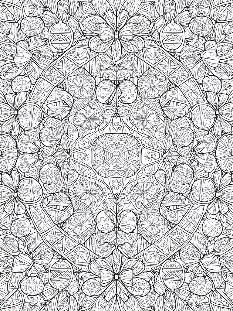 Intricate black-and-white mandala with flowers, bows, leaves, and patterned ornaments.