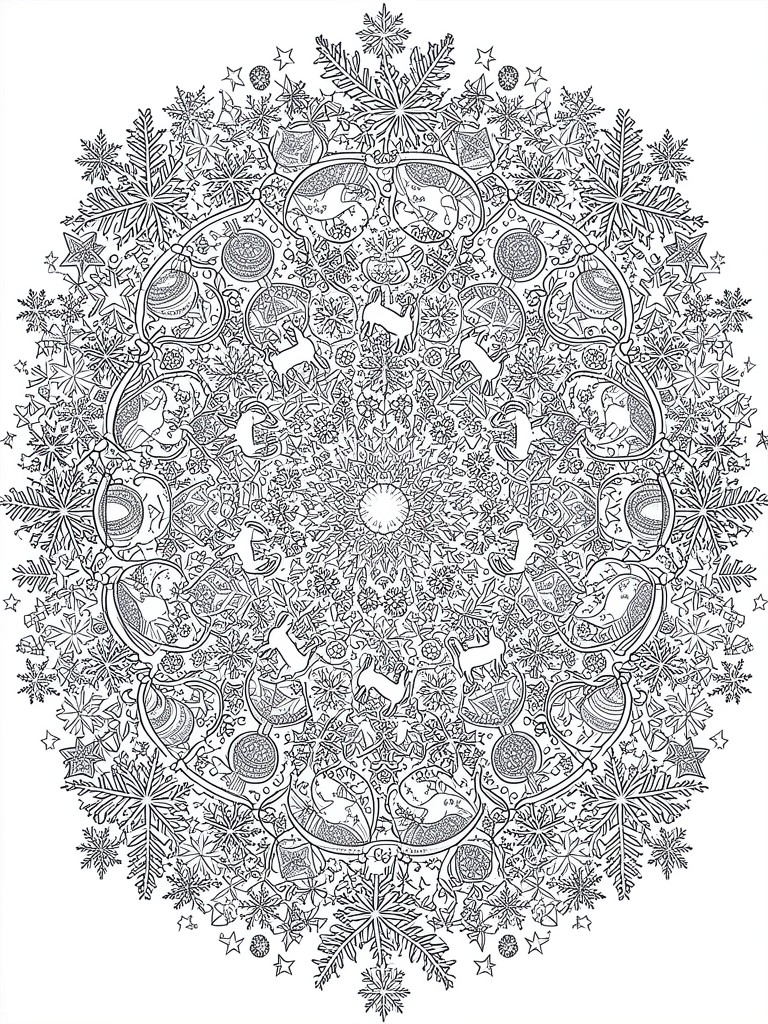 A highly detailed circular Christmas mandala coloring page filled with snowflakes, reindeer, ornaments, and stars.