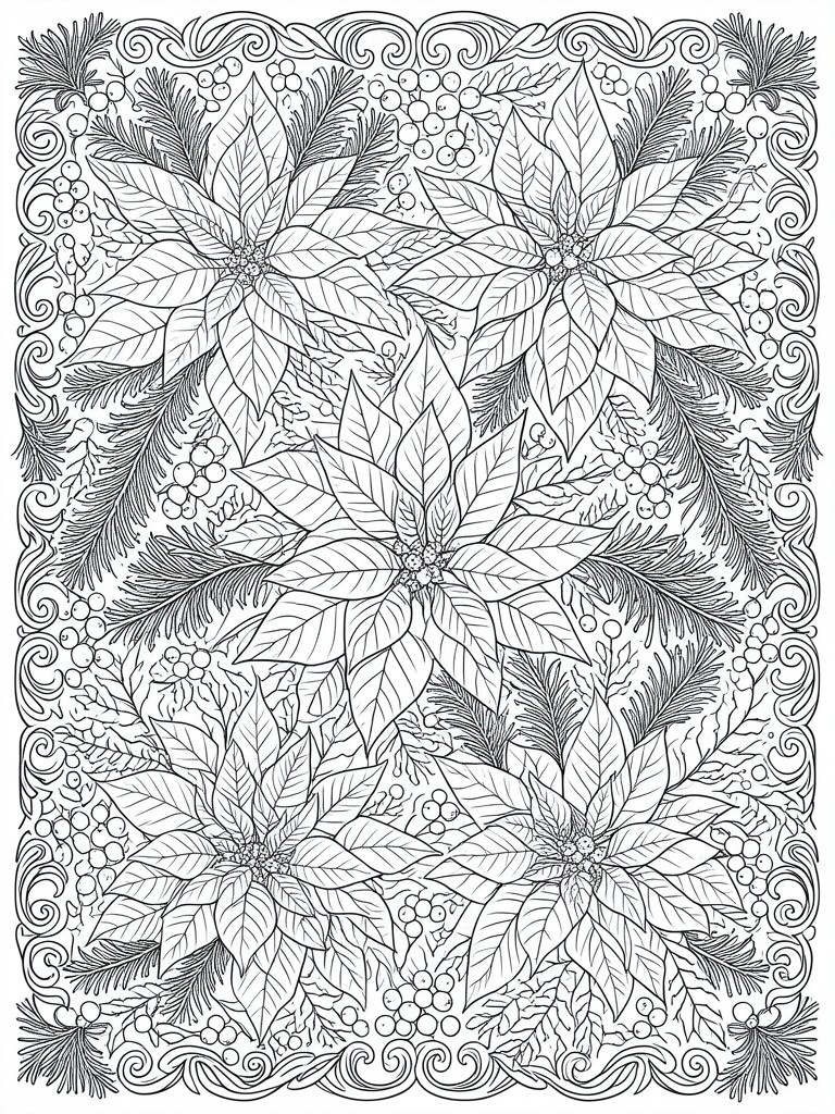 Black and white line art of several large poinsettia flowers surrounded by pine needles, berries, and a decorative border.