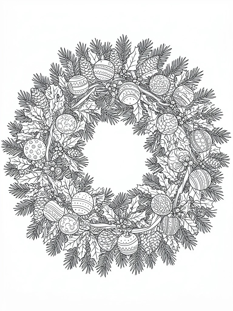 Black and white line drawing of a decorated Christmas wreath with ornaments and foliage