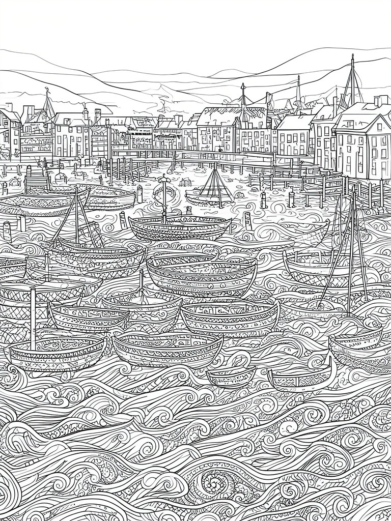 A black and white line drawing of a harbor filled with boats on patterned waves and buildings in the background.