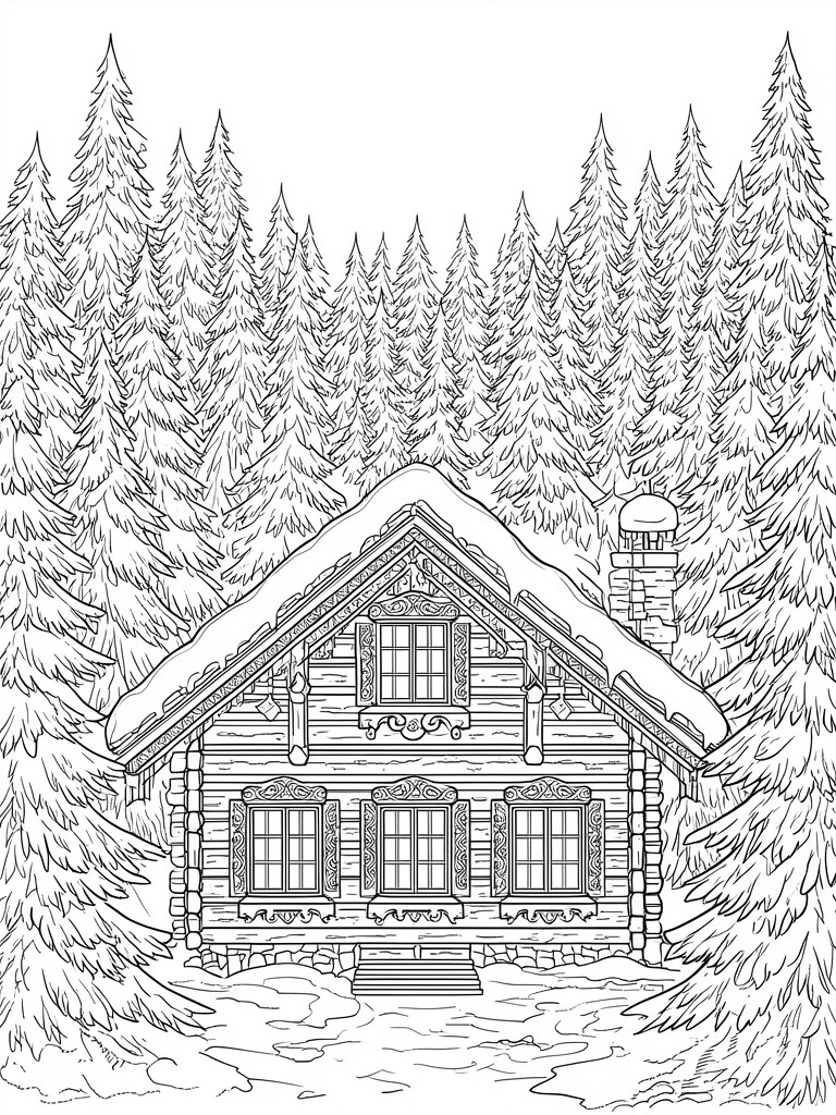 Coloring page of snow-covered log cabin with stone chimney amid pine trees.