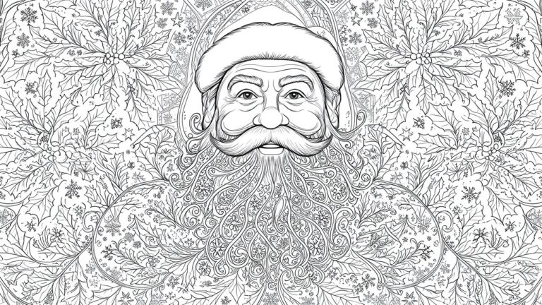 Intricate black-and-white Santa Claus portrait with ornate swirling beard and snowflake motifs
