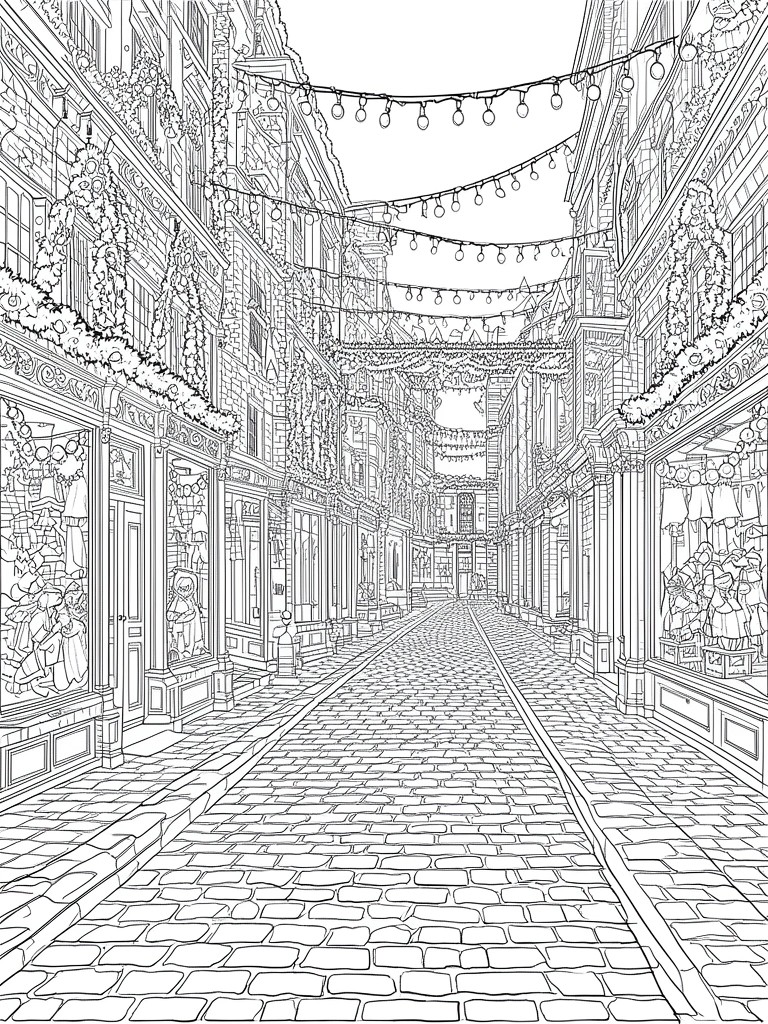 Black-and-white line drawing of a festively decorated cobblestone street with string lights and shops