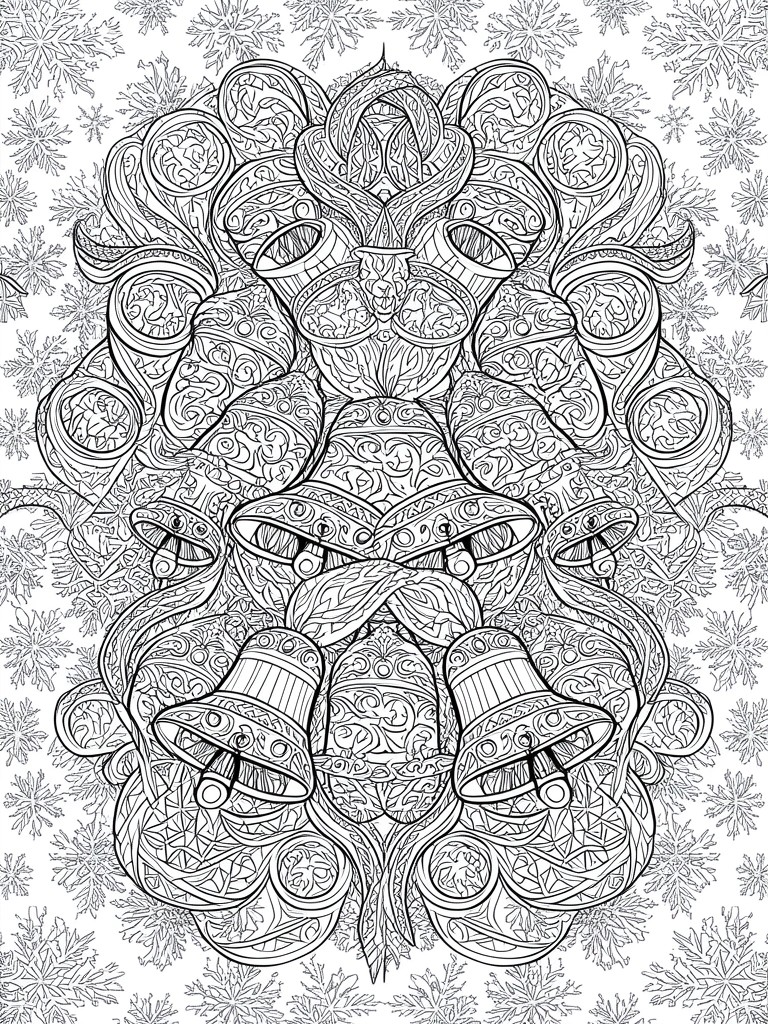 A black and white coloring page with multiple Christmas bells, ribbons, and snowflakes arranged in a dense symmetrical pattern.