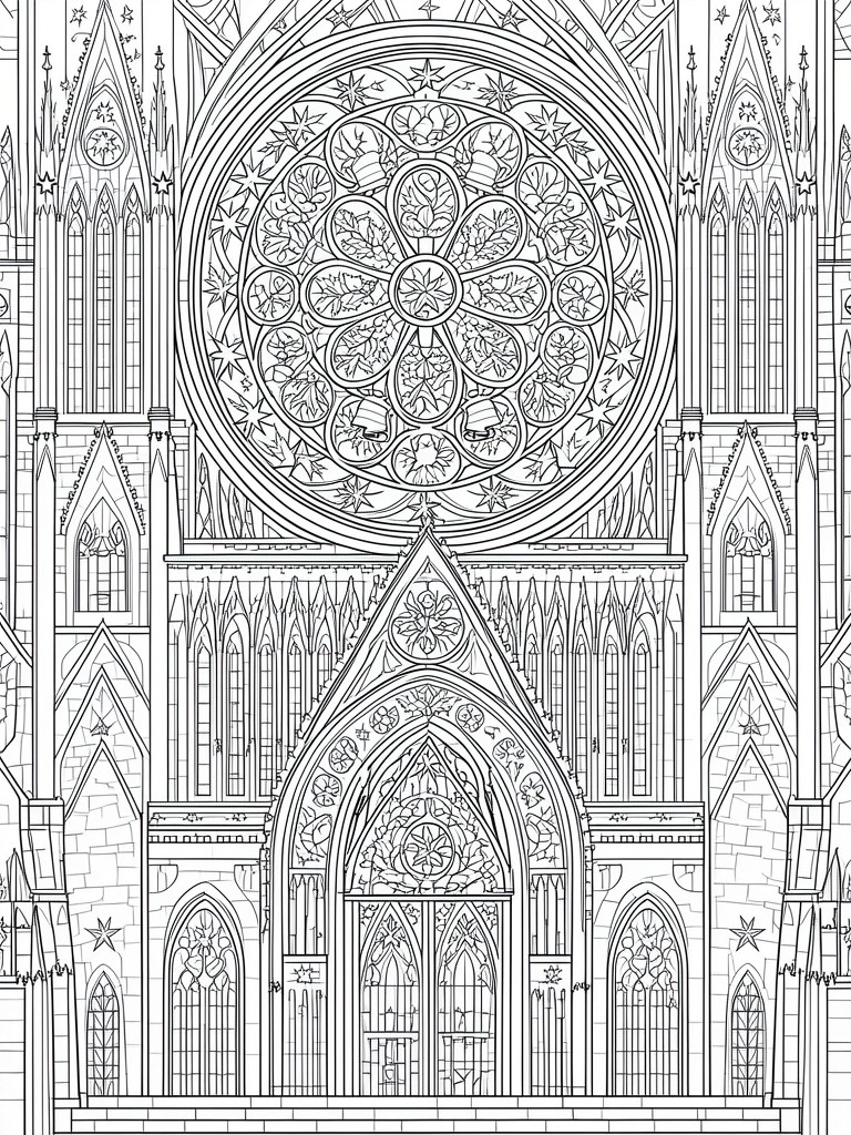 A black and white line drawing of a Gothic cathedral facade with a large rose window, pointed arches, and detailed stonework.