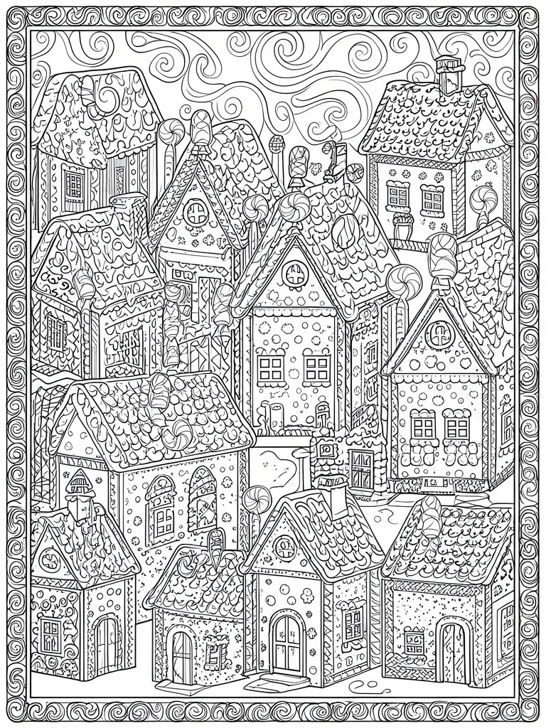 Black and white coloring page of candy-decorated gingerbread houses in a whimsical village.
