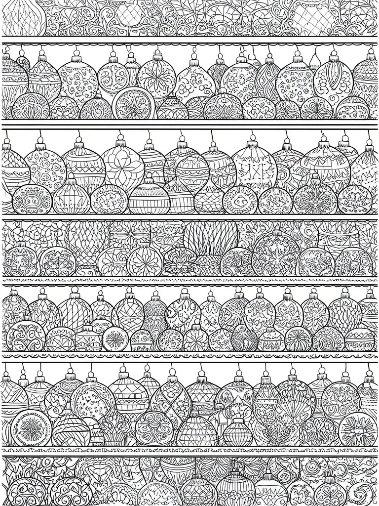 A black and white coloring page with multiple rows of Christmas baubles filled with different intricate patterns.