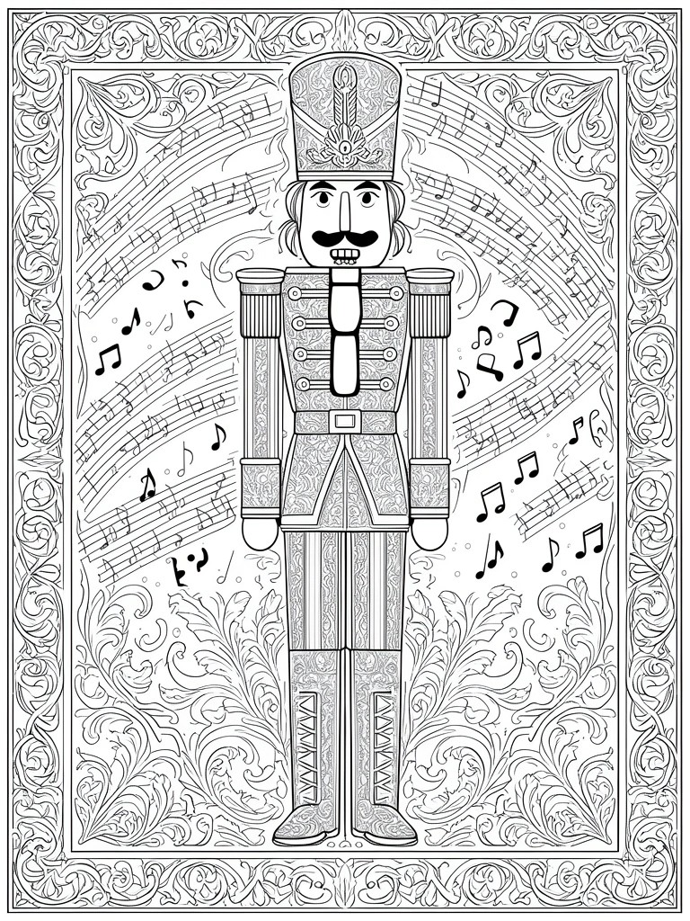 A detailed line drawing of a standing nutcracker soldier with musical notes and ornate swirls filling the background and borders.