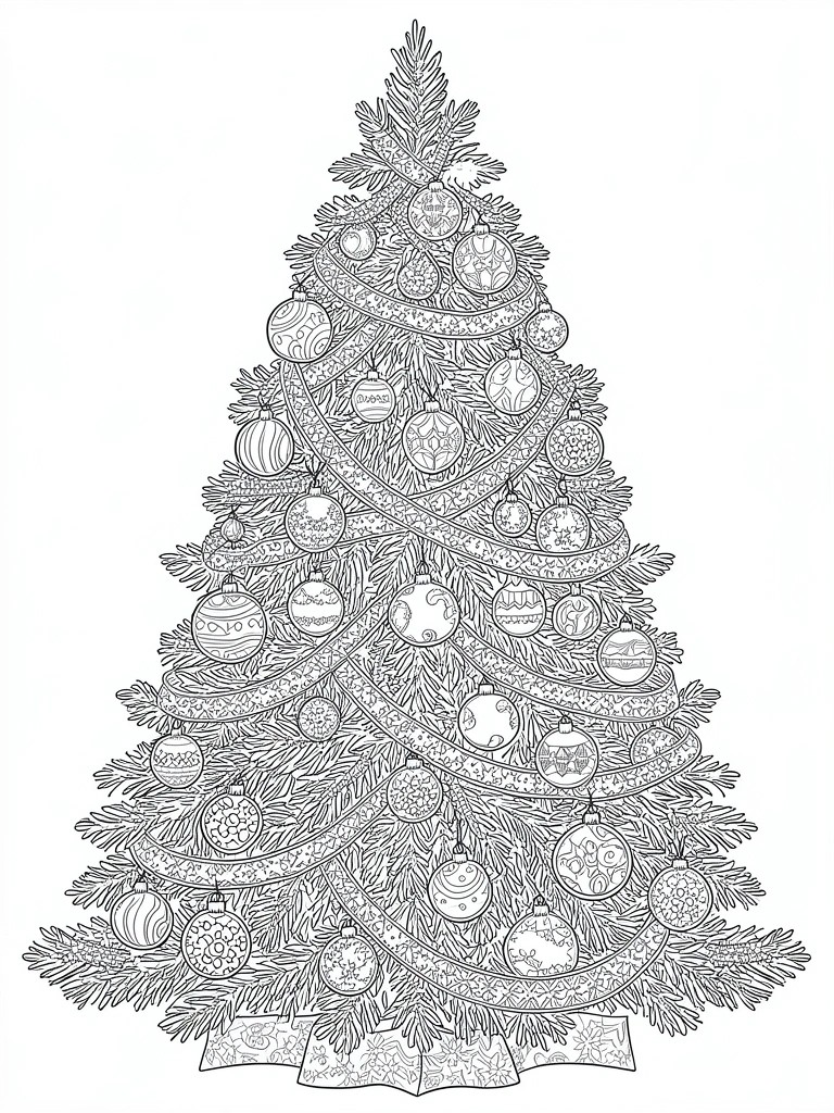 Black and white line drawing of a Christmas tree covered in ornaments and garlands.