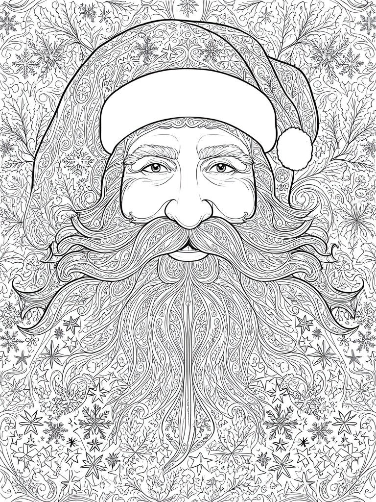 Intricate black-and-white Santa Claus portrait with ornate swirling beard and snowflake motifs