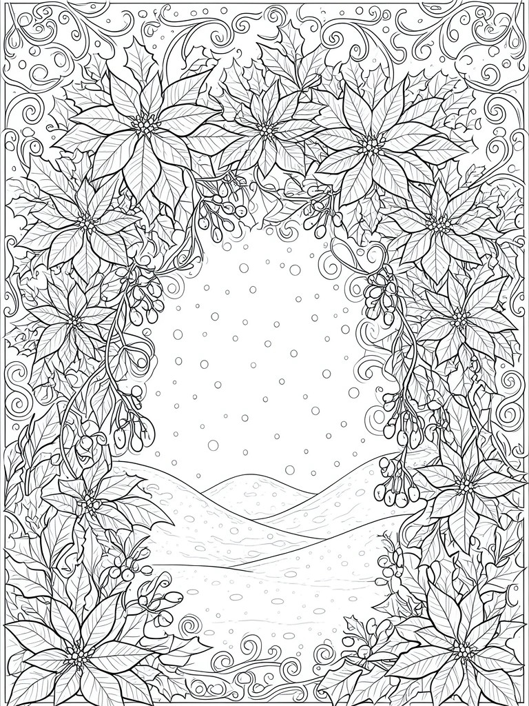 Black-and-white line art of poinsettia and holly border with swirls and snow dots