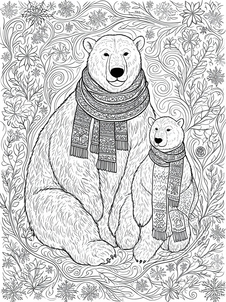 Adult and cub polar bears in patterned scarves amid snowflakes and swirling foliage