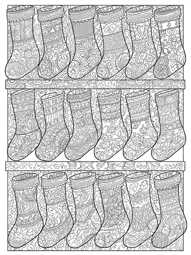 Three rows of intricately patterned Christmas stockings in black-and-white line art
