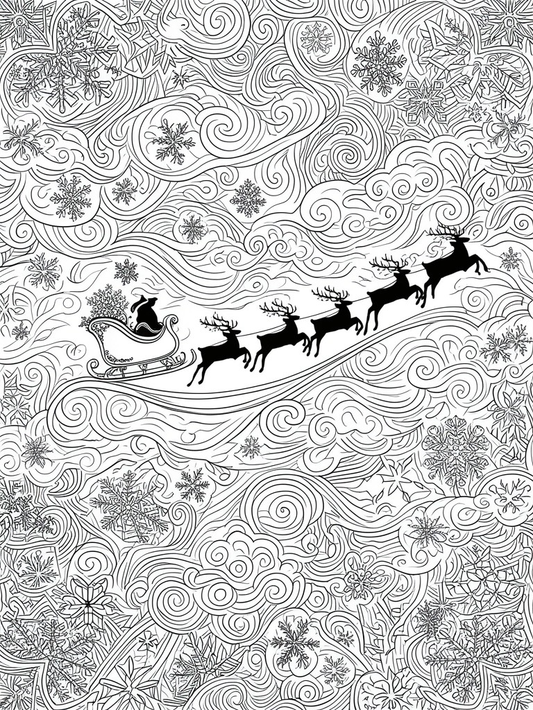 Santa's sleigh with reindeer flying through swirling snowflakes and ornate clouds in line art