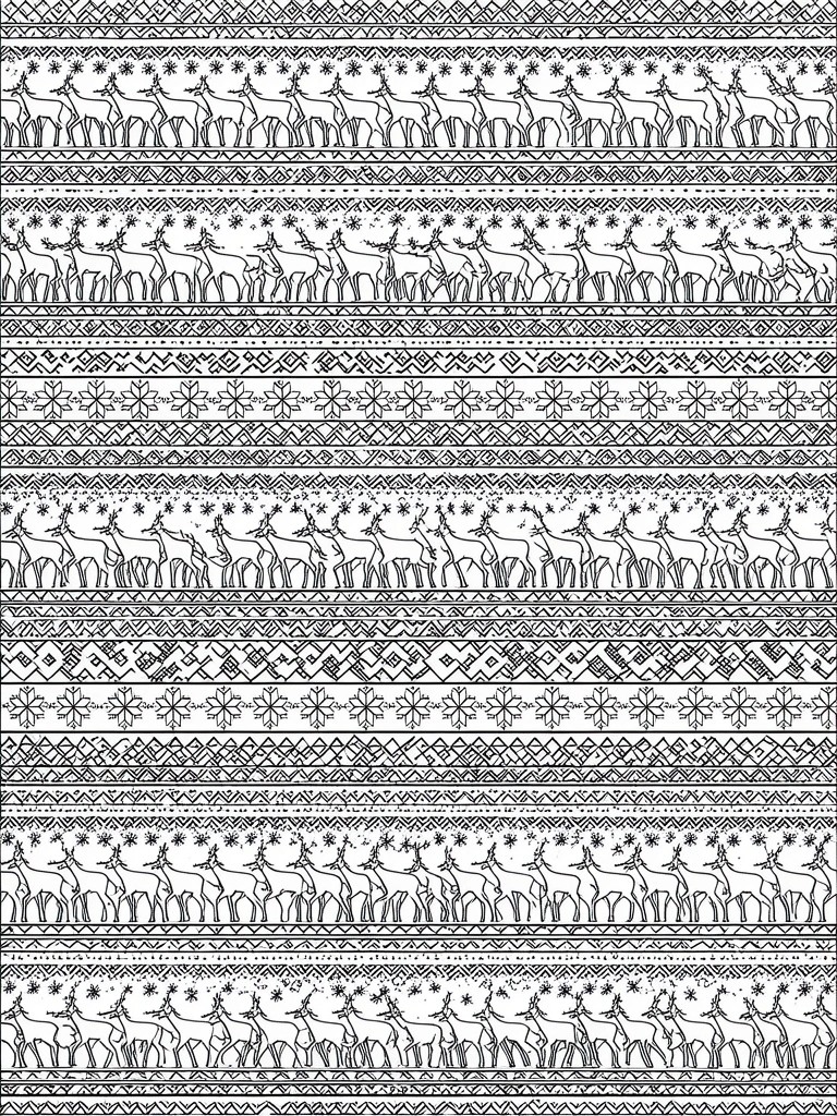 Black and white repeating pattern of reindeer silhouettes with snowflakes and geometric borders.