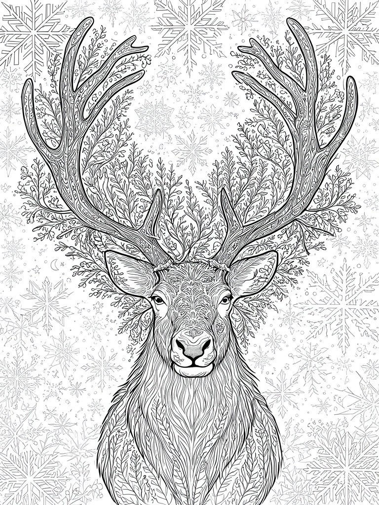 A black and white line drawing of a forward-facing reindeer head with large antlers covered in branches and leaves, set against a background of snowflakes.