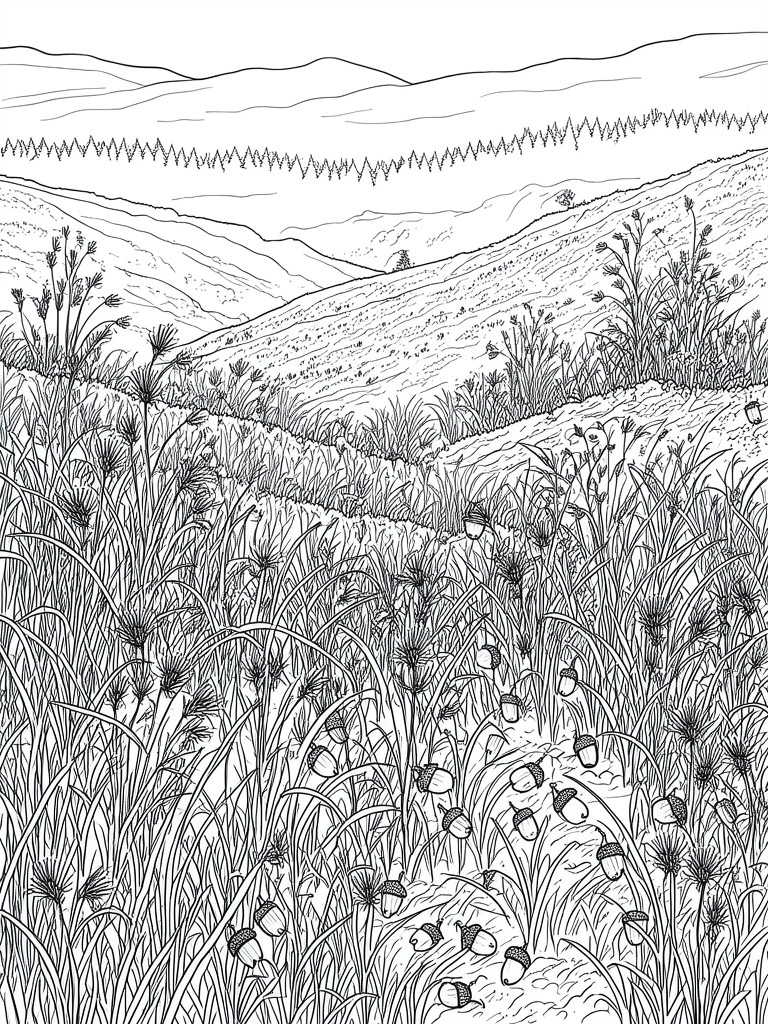 Black and white line drawing of a hillside with acorns among grasses and distant mountains.