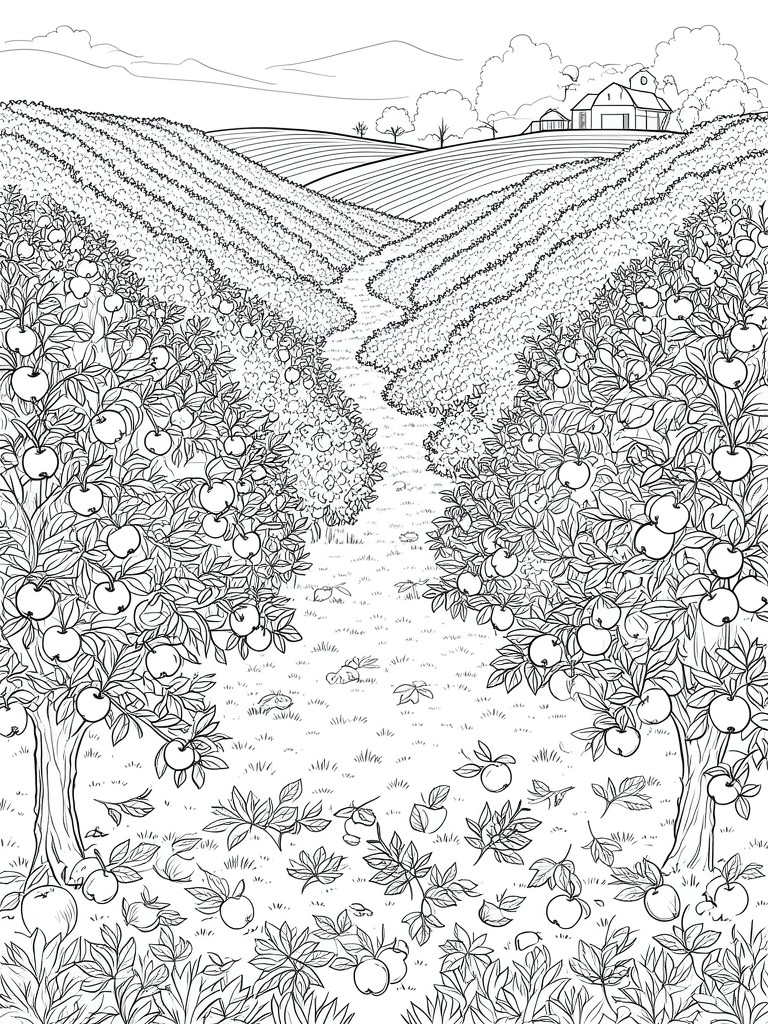 Coloring page of apple orchard with fruit trees, path, and barn on hills.